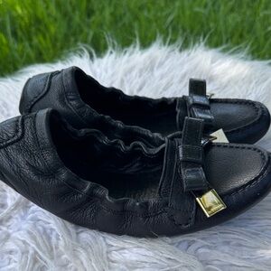 Burberry Black Leather Flats with Gold Buckle